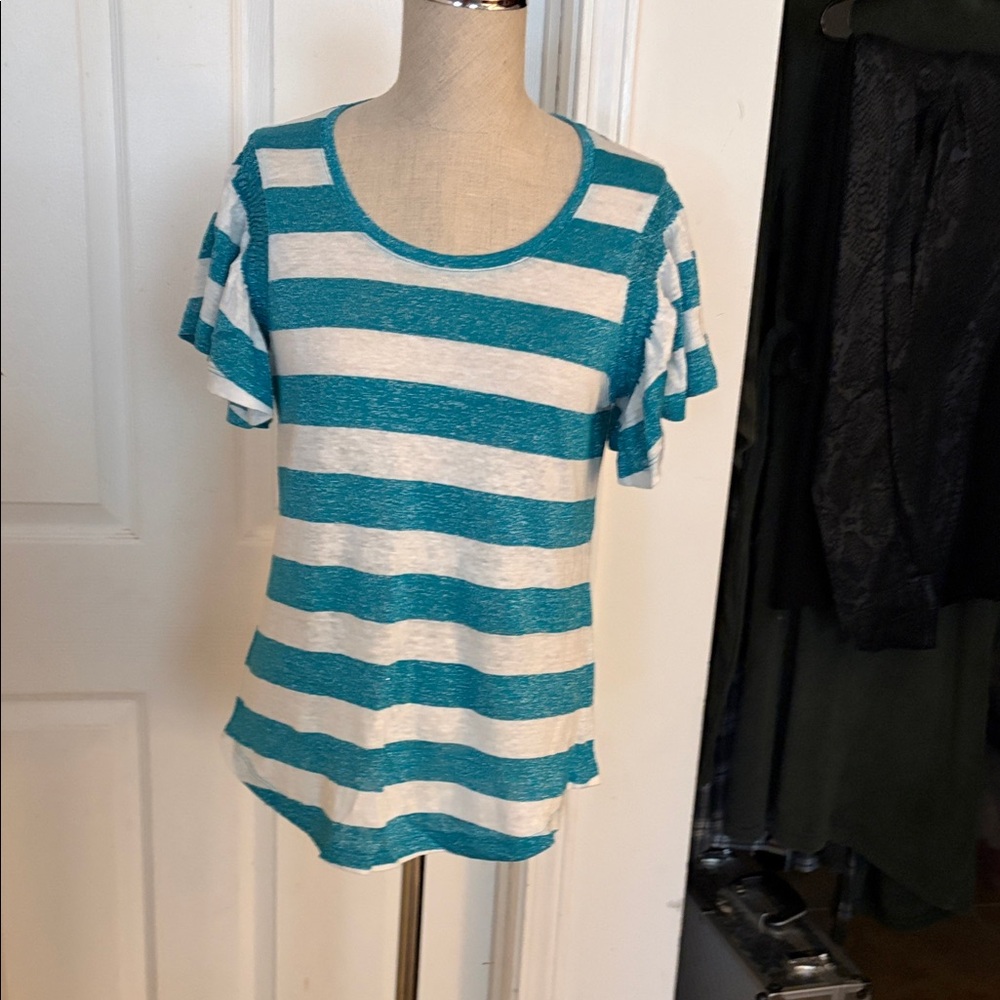 Chico's Teal and White Striped Short Sleeve Top